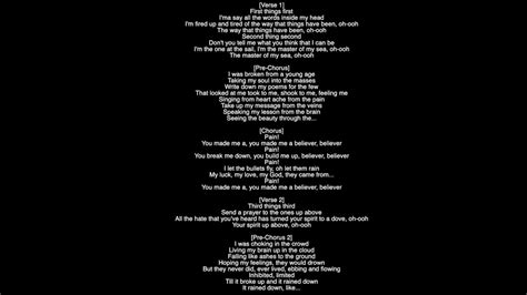 Imagine Dragons - Believer (Lyrics)First things firstI'ma say all the words inside my headI'm fired up and tired of the way that things have been, oh oohThe ...